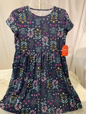 wonder nation Navy Floral Pocket Short Sleeve Dress with Pink & Yellow Accents